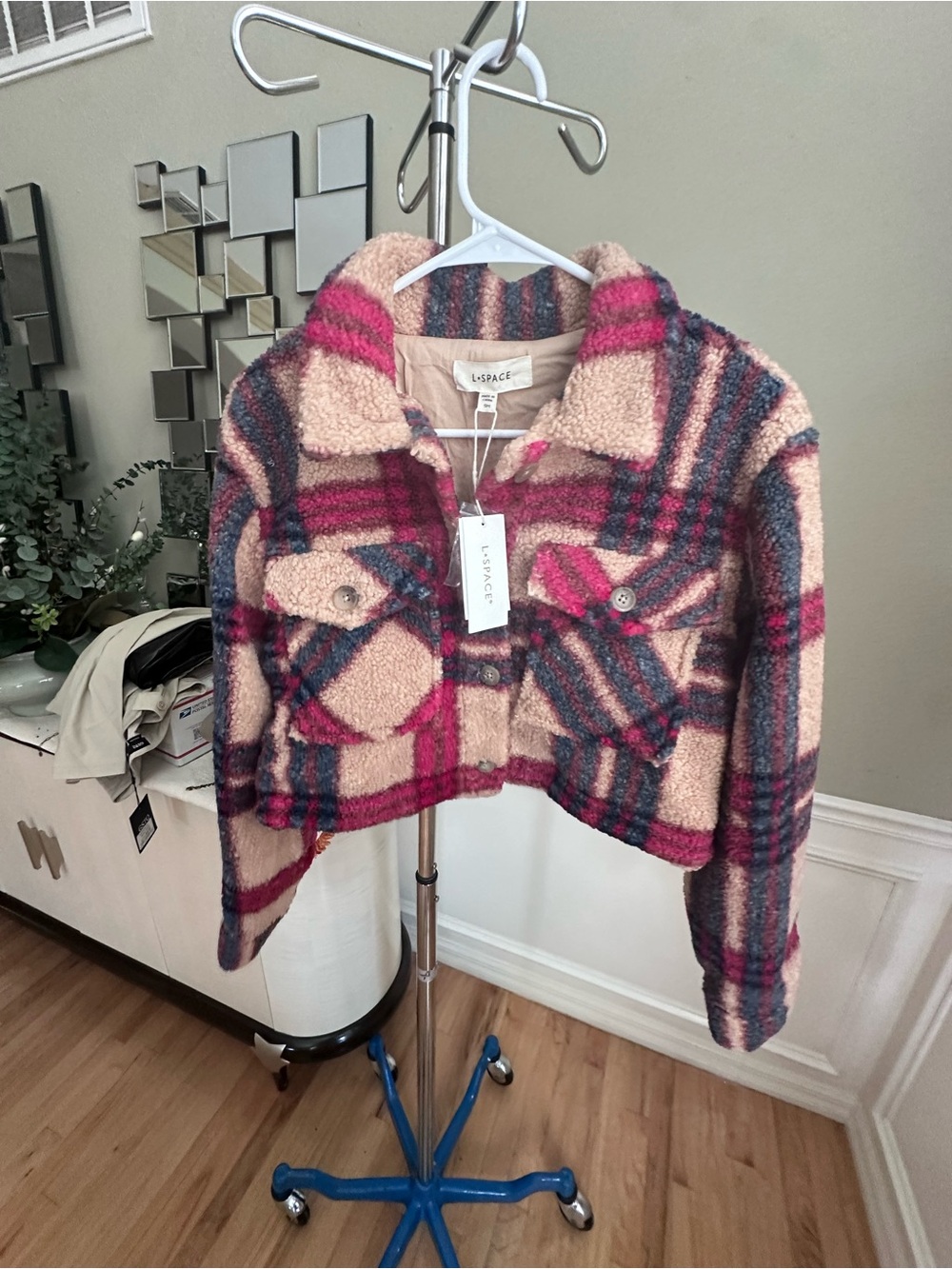 l*space Pink and Cream Plaid Cropped Teddy Jacket